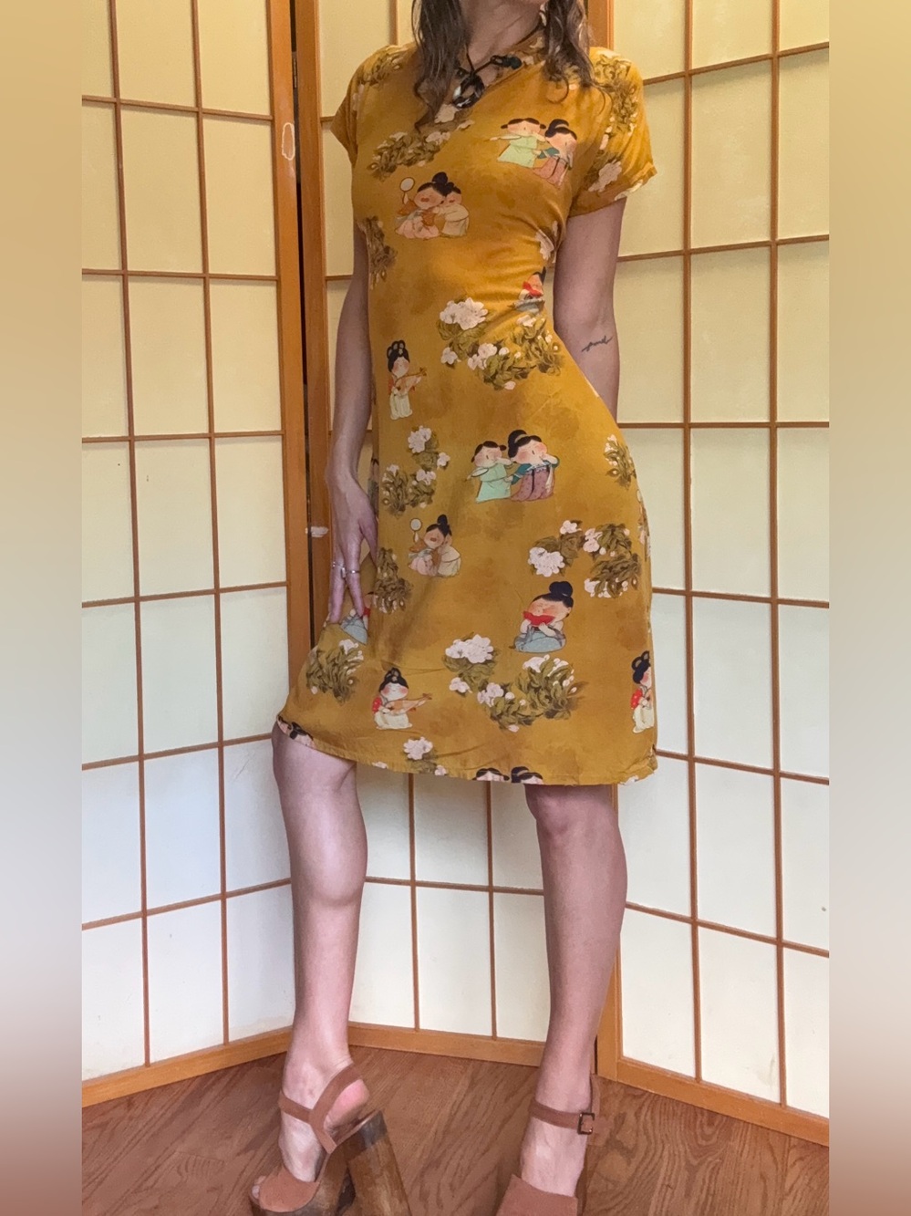 Vintage Cheongsam Qipao Dress Novelty Storybook Print Mustard Mandarin Collar